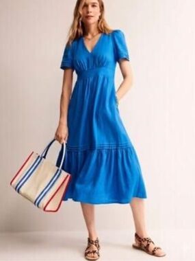 BODEN Eve Double Cloth Midi Dress 4R Bright Cobalt Blue Cotton Tiered